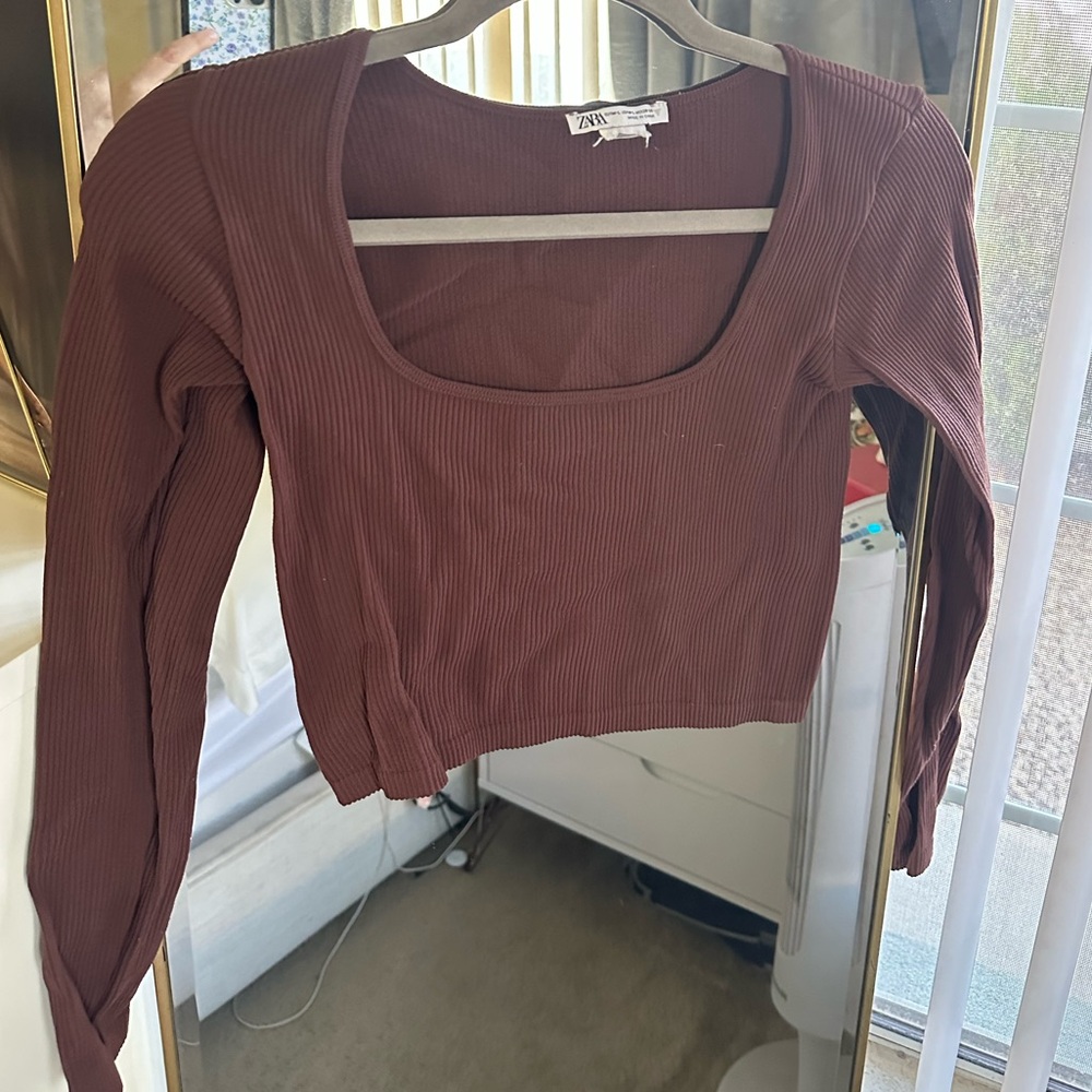 Zara Women's Dark Brown Ribbed Blouse